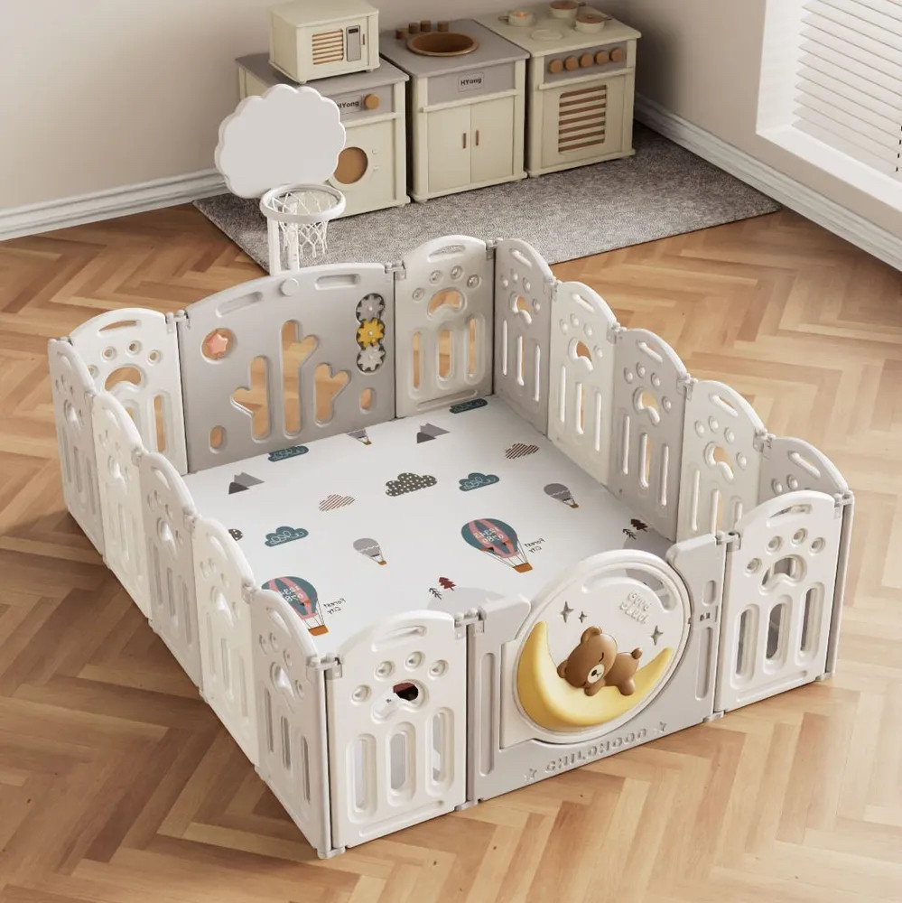 Манеж UNIX Kids DeLuxe Grey, 150 x 180 cм, с баскетбольным кольцом и ковриком, из безопасных материалов - фото 1 - id-p114046509