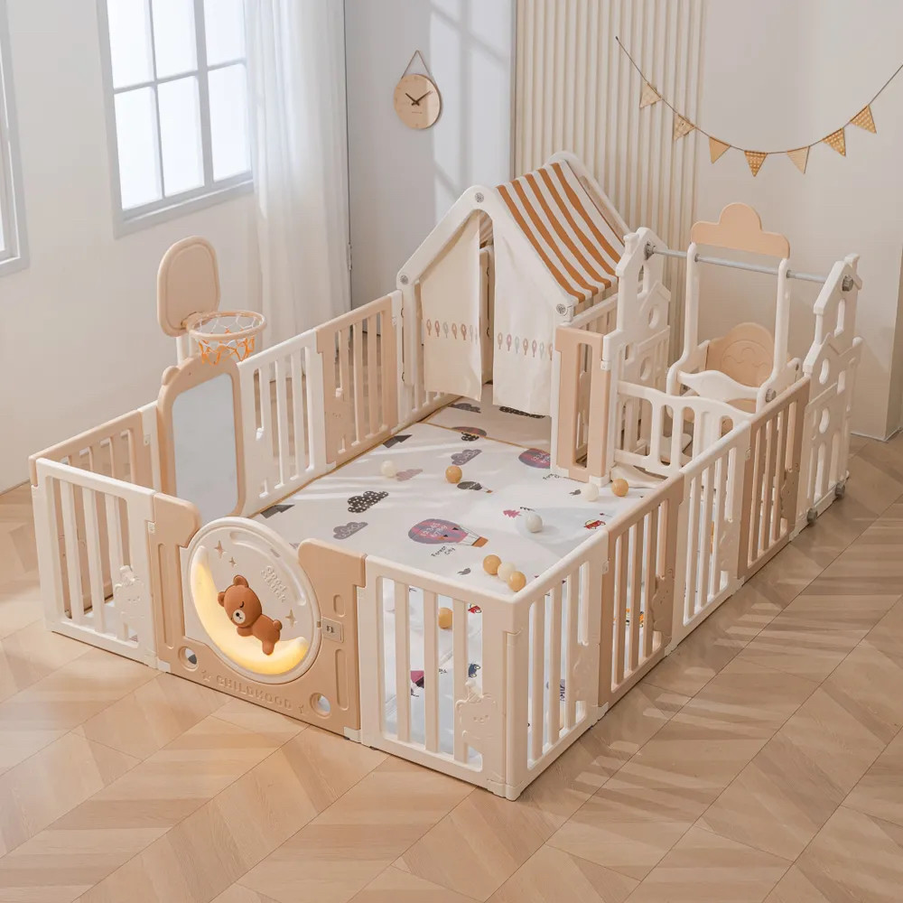 UNIX Kids deLuxe House Camel манежі, 180 x 200 см, баскетбол с ресі, сурет тақтасы, т сеніші бар - фото 1 - id-p114073877