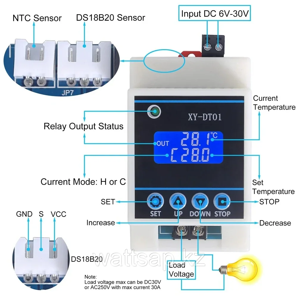Цифровой регулятор температуры, реле контроля охлаждения и нагрева XY-DT01 от -40 до +110 °C, 30А - фото 3 - id-p114088617