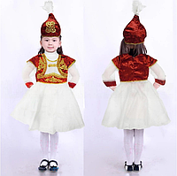 Платье детское казахское национальное с головным убором саукеле c золотыми орнаментами красное (размеры 28-34)