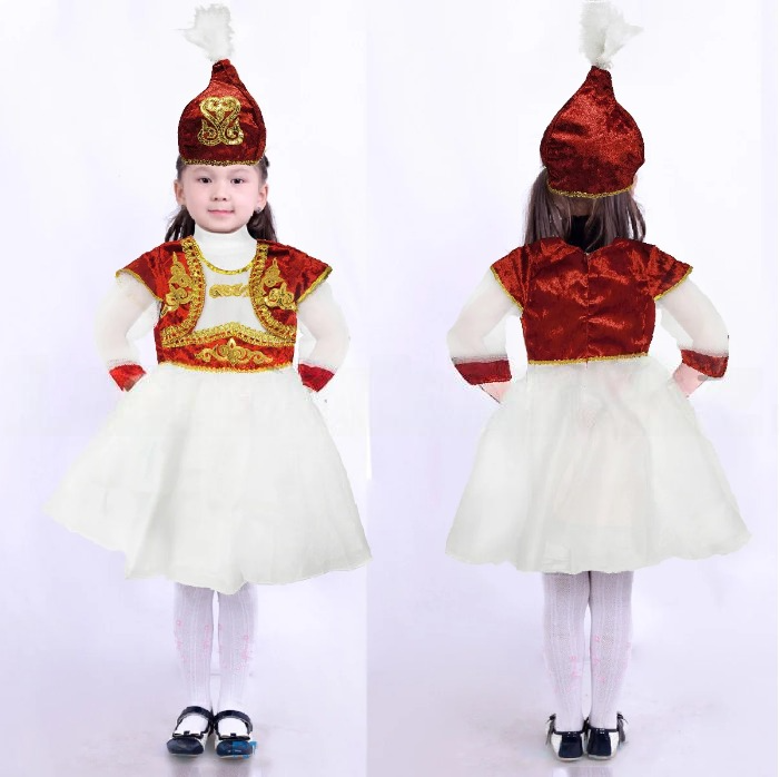 Платье детское казахское национальное с головным убором саукеле c золотыми орнаментами красное (размеры 36-42)