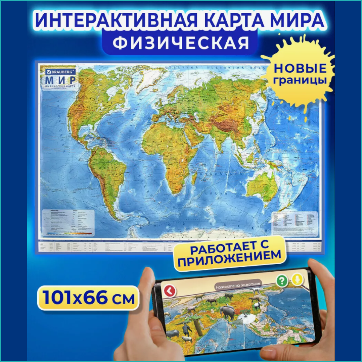 Физическая карта мира настенная 101х66см (Интерактивная)