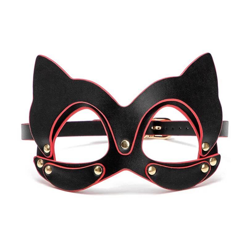 Кожанная черная маска кошки  с красной окантовкой YL-202214