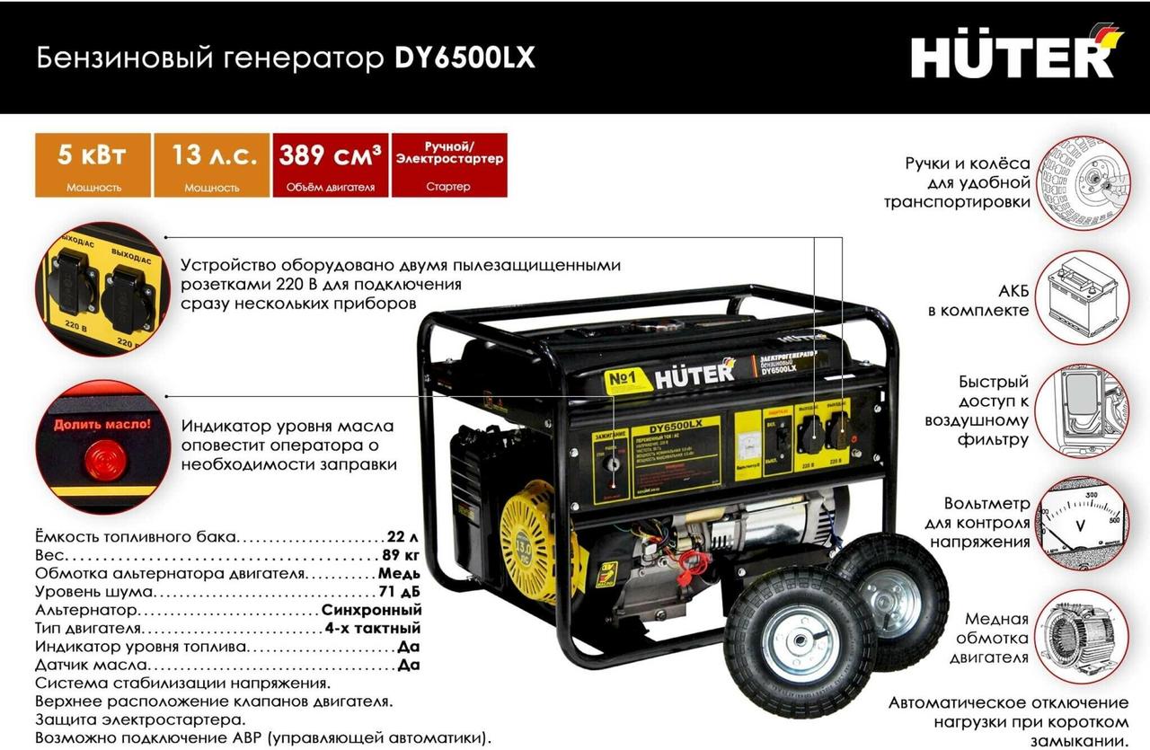 Бензиновый генератор HUTER DY6500LX 64/1/15 (5,5 кВт, 220 В, ручной/электро, бак 22 л, колеса) - фото 1 - id-p100309886