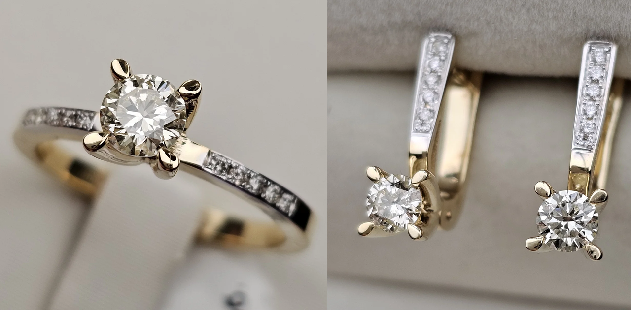 Золотой набор с бриллиантами (кольцо 0.46Ct SI1/ 0.07Ct VS1/I, размер 18. серьги 0,67Ct SI1/I, 0.10Ct VS1/I )