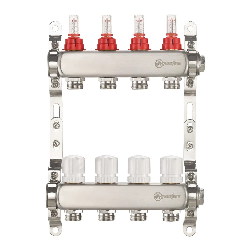 Коллектор для теплого пола, нержавеющая сталь ДУ 25, ВР 1" x 4 контура НР 3/4" Aquasfera - фото 1 - id-p114120668
