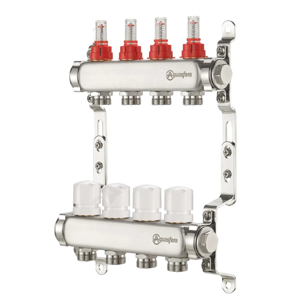 Коллектор для теплого пола, нержавеющая сталь ДУ 25, ВР 1" x 5 контура НР 3/4" Aquasfera - фото 2 - id-p114120671