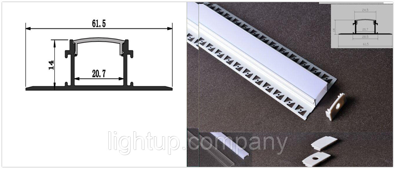 Светодиодный профиль для гипсокартона врезной 61(20х14) планки по 3 метра с матовой крышкой - фото 2 - id-p114120711