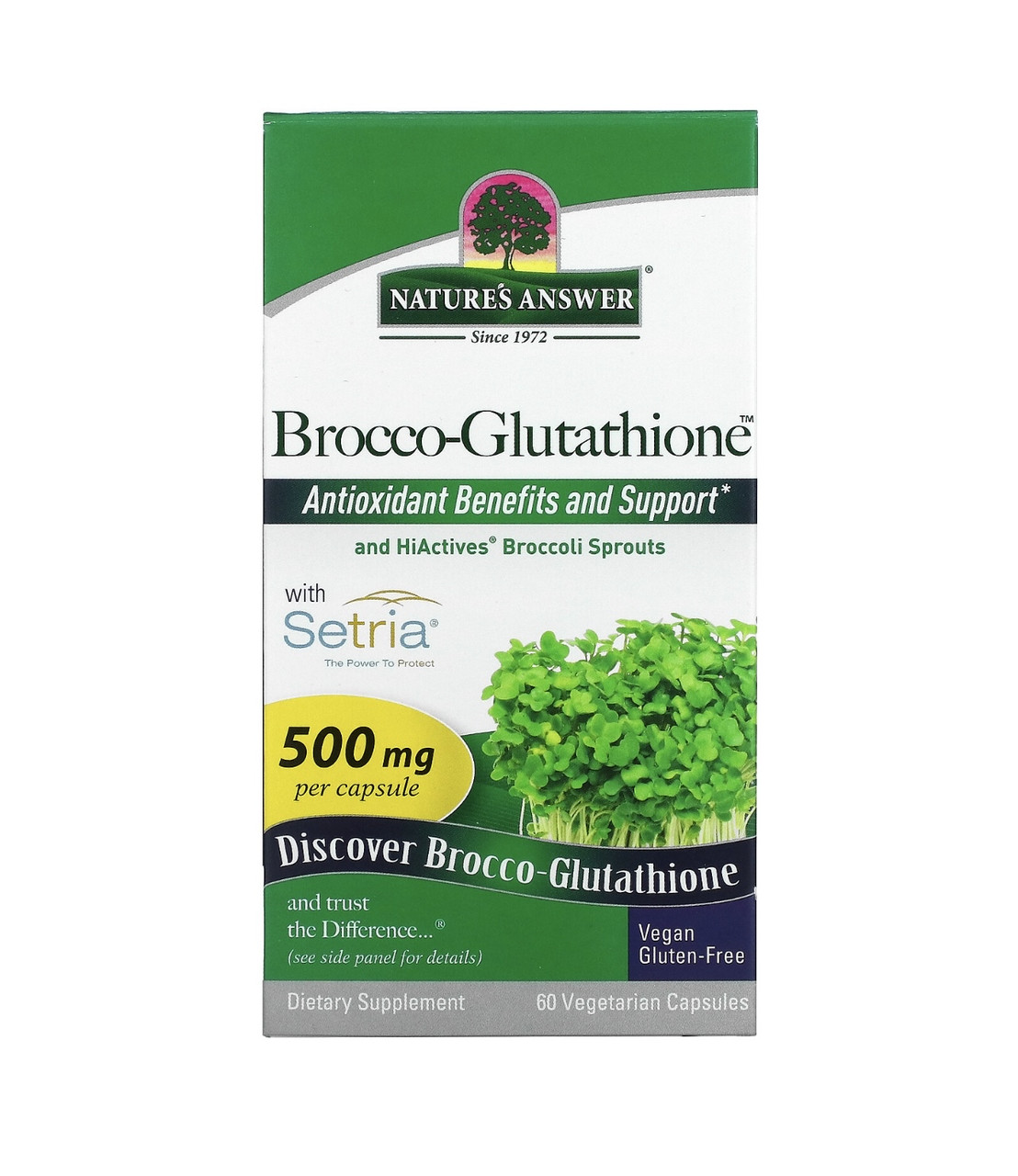 Natures answer brocco-glutathione, средство с брокколи и глутатионом, 500мг, 60 растительных капсул - фото 1 - id-p114143585