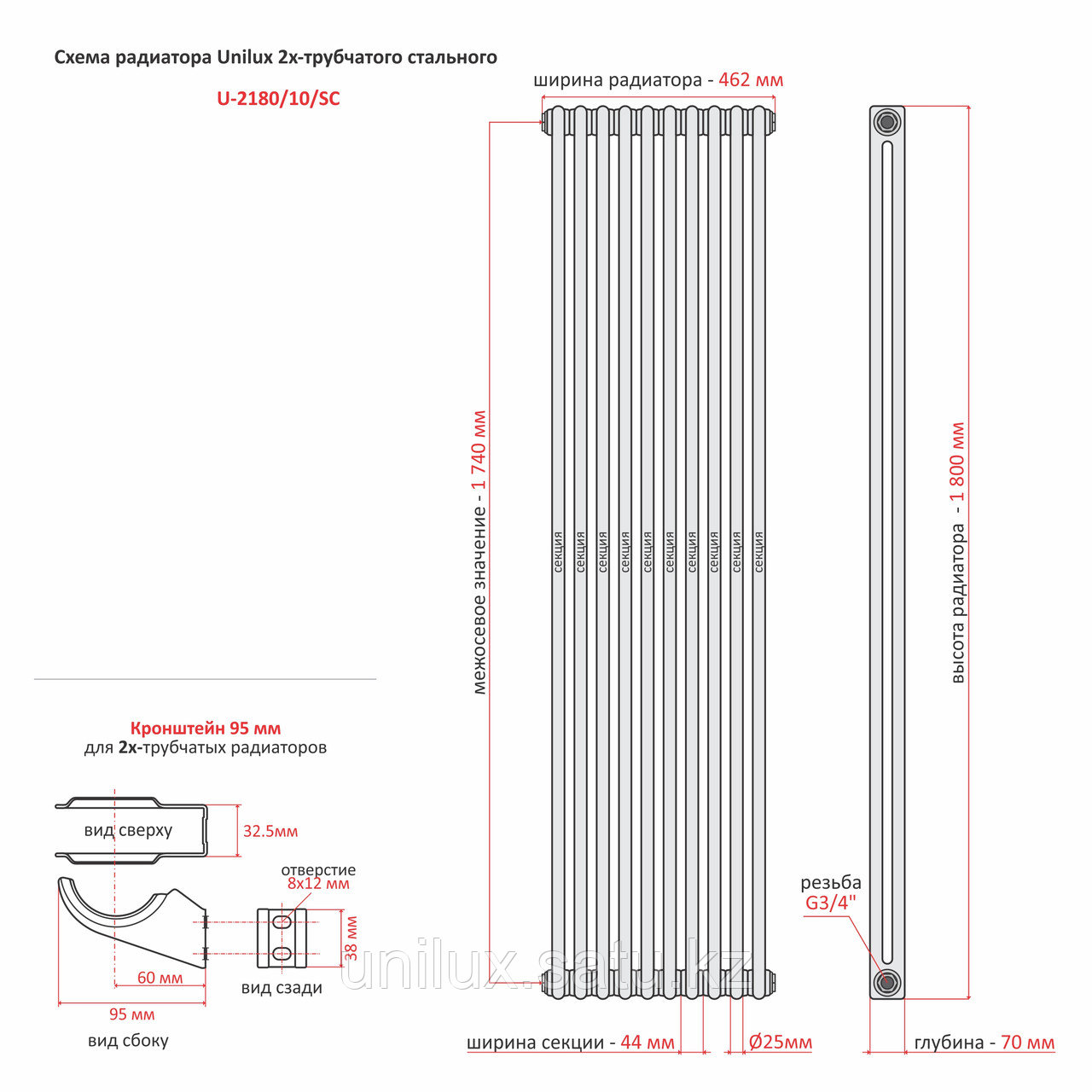 Радиатор 2x-трубчатый дизайнерский Unilux, 180см, 10 секций, 19.1 м², белый глянец - фото 6 - id-p114186612
