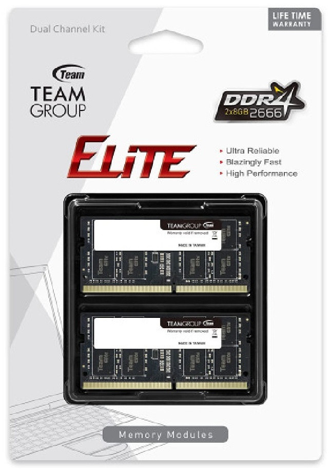 Оперативная память для ноутбука 16GB Kit (2x8GB) DDR4 2666Mhz Team Group ELITE PC4-21300 CL19 SO-DIMM - фото 1 - id-p114329775