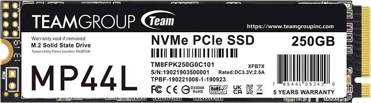 Твердотельный накопитель 250GB SSD TeamGroup MP44L M.2 2280 PCIe4.0x4 NVMe R4650Mb/s, W1900MB/s - фото 1 - id-p114330134