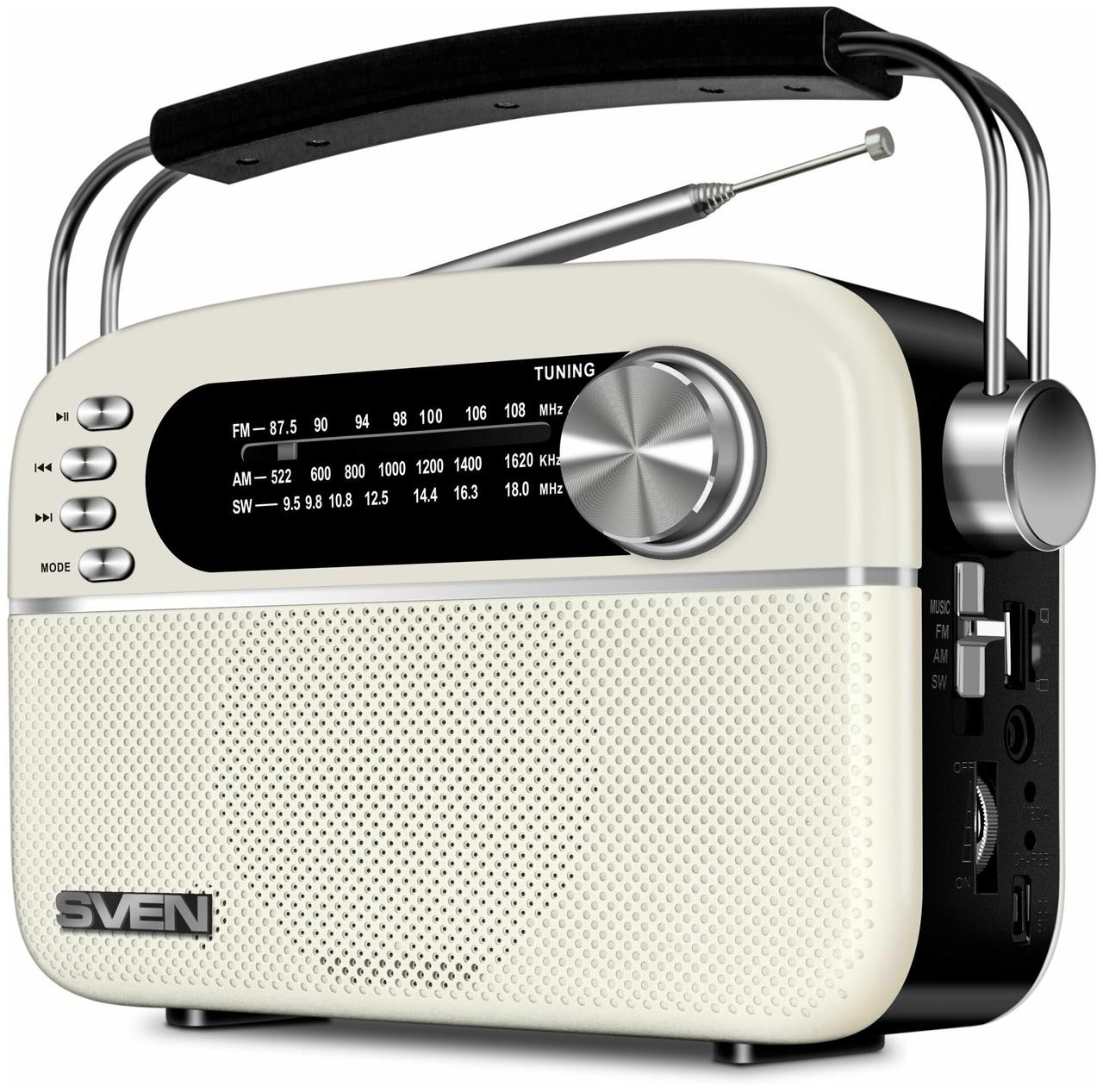 SVEN Радиоприемник SRP-505 белый (3WT, Bluetooth, FM/AM/SW, USB, microSD, AUX) - фото 1 - id-p114340883