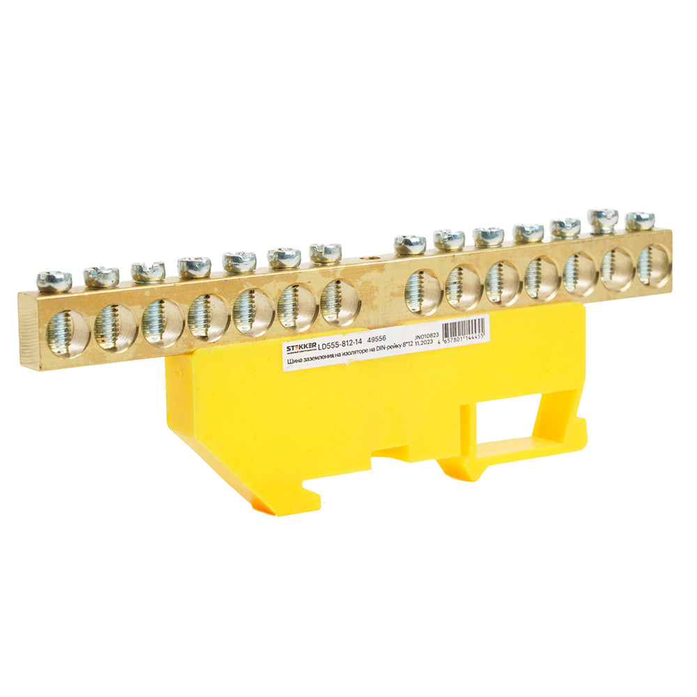 Шина "PE" STEKKER на изоляторе 8*12 на DIN-рейку 14 выводов, желтый, LD555-812-14, фото 1