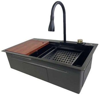 Кухонная мойка HM (75*45cm) A black водопад (смеситель в комплекте)