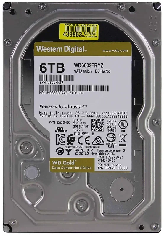 Жесткий диск HDD 6Tb SATA 6Gb/s Western Digital Gold WD6003FRYZ , 7200rpm, 128Mb