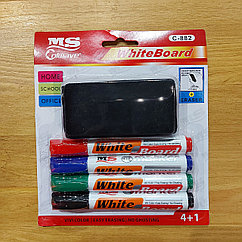 Набор маркеров для флипчарта и магнитная губка 4+1. White board. Разноцветные фломастеры для маркерной доски.