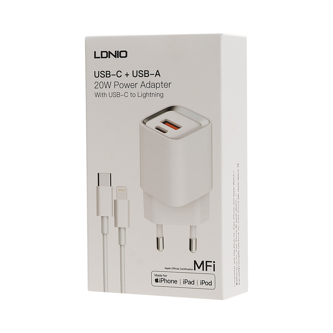 Универсальное зарядное устройство LDNIO A2318M MFI 20W USB-А USB-C Белый - фото 3 - id-p110314873