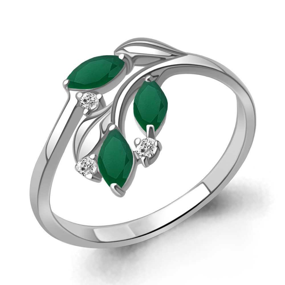 Кольцо из серебра  Агат зеленый  Фианит Aquamarine 6991809А.5 покрыто  родием