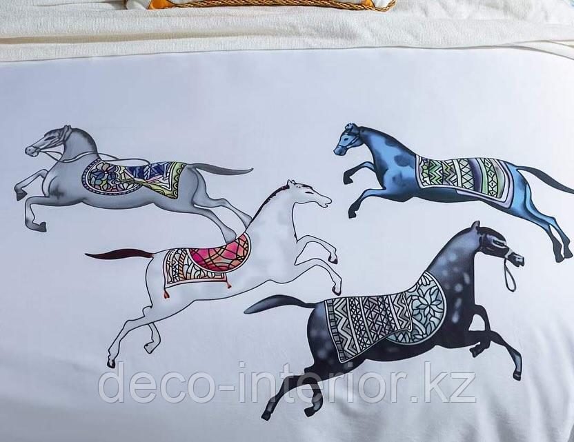 Комплект сатинового постельного белья двуспальный king-size HERMES сатин LUX с лошадьми - фото 3 - id-p110478325