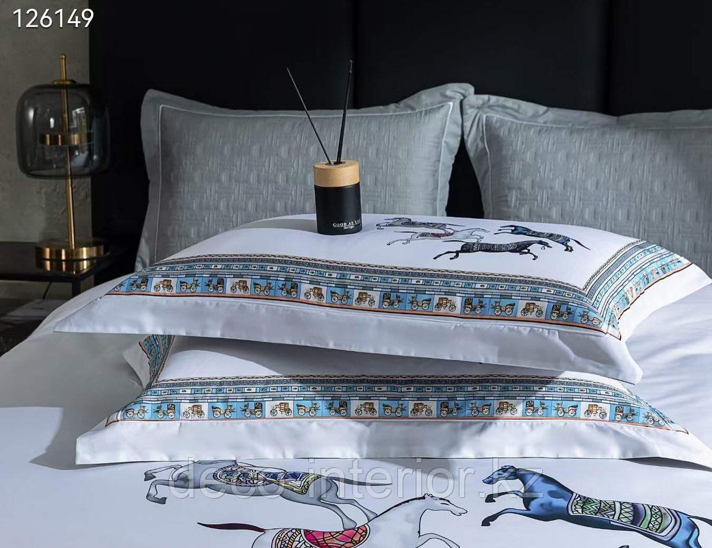 Комплект сатинового постельного белья двуспальный king-size HERMES сатин LUX с лошадьми - фото 4 - id-p110478325