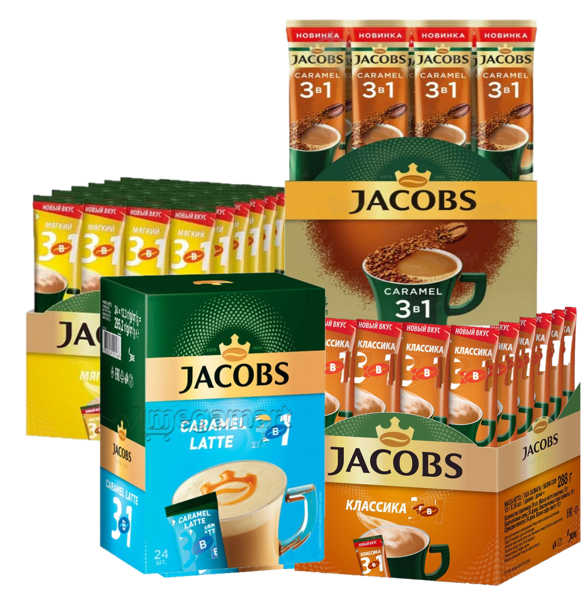 Кофе Jacobs 3в1, растворимый, 24 пакетика, ассорти вкусов - фото 1 - id-p114728510