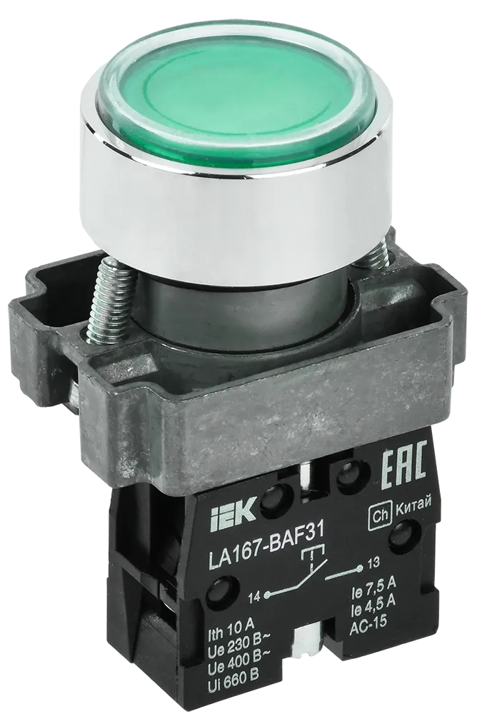 Кнопка управления LA167-BAF31 d=22мм 1з зеленая IP65 IEK