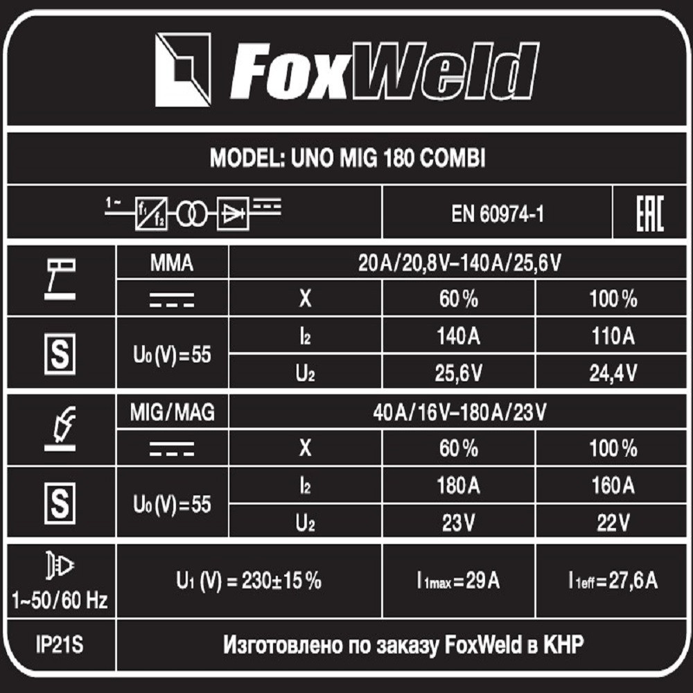 Сварочный полуавтомат FoxWeld UNO MIG 180 COMBI - фото 4 - id-p114734862