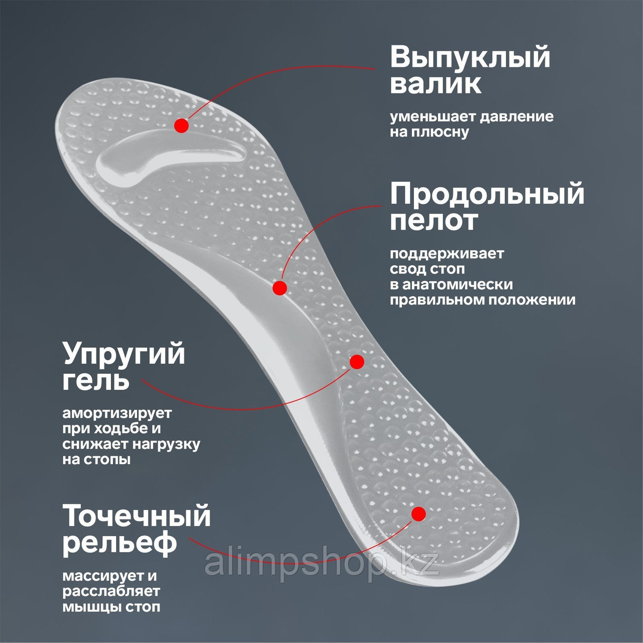 Полустельки для обуви, с супинатором, амортизирующие, массажные, на клеевой основе, силиконовые, 20,5 × 7,5 - фото 1 - id-p114730929