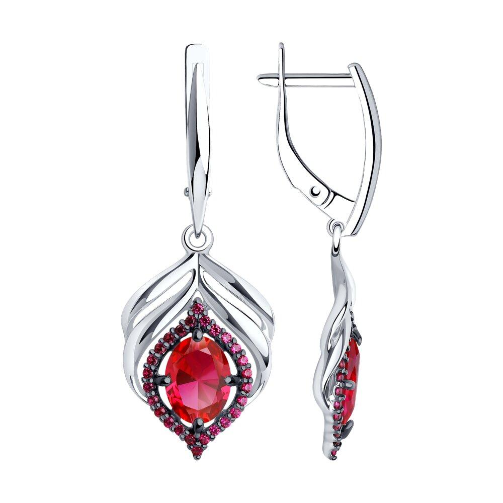 Серьги из серебра с корундами рубиновыми (синт.) и красными фианитами SOKOLOV 84020030 серебро с родием, с, фото 1