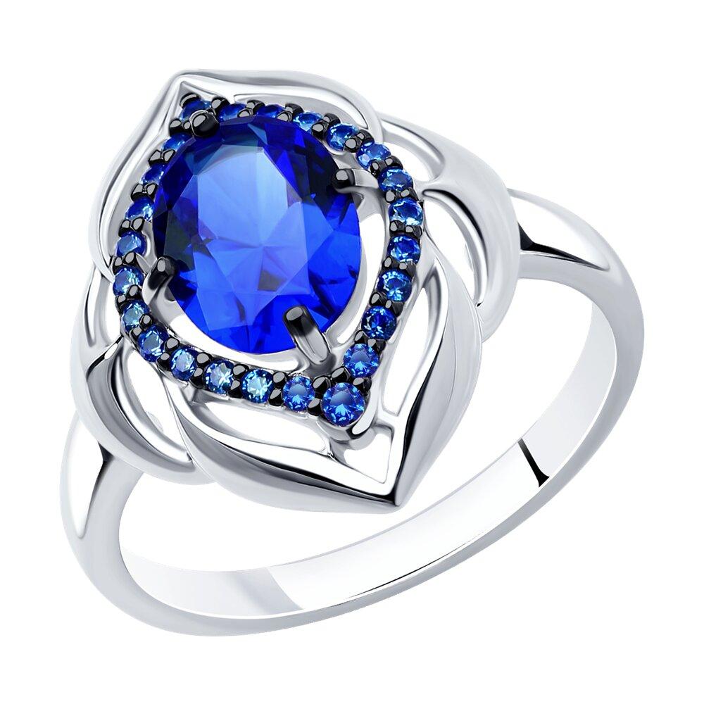 Кольцо из серебра с корундом сапфировым (синт.) и синими фианитами SOKOLOV 88010035 покрыто родием - фото 1 - id-p50155164