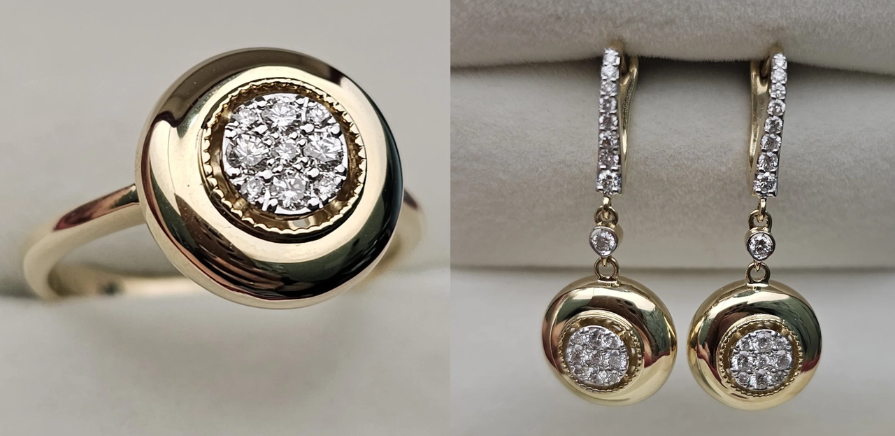 Золотой набор с бриллиантами (кольцо 0.21Сt VS1/G, 19 размер, серьги 0,52Ct VS1/G, VG-Cut )