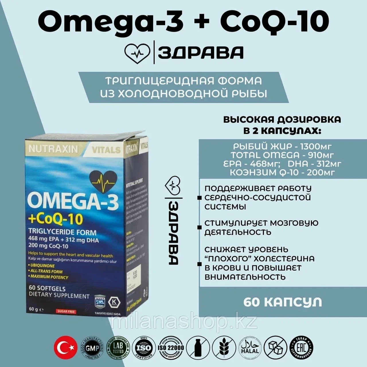 Nutraxin OMEGA-3 СоQ-10 ( Омега-3 + коэнзим Q-10 ) 60 капсул - фото 1 - id-p115013982