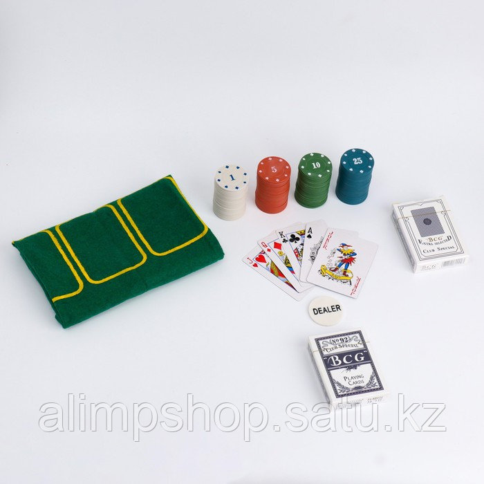 Покер, набор для игры (карты 2 колоды, фишки с номин. 100 шт, сукно 40 х 60 см) - фото 1 - id-p115016632