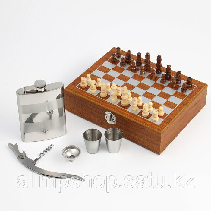 Набор 6 в 1: фляжка 8 oz, воронка, штопор, 2 стопки, шахматы - фото 1 - id-p115016835