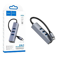 USB Hub Hoco HB34, 4in1, USB-C to USB 3.0 X 3 +RJ45, 1000Mbps, Mettal Gray