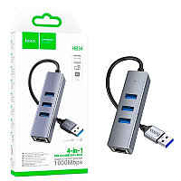 USB Hub Hoco HB34, 4in1, USB-A to USB 3.0 X 3 +RJ45, 1000Mbps, Mettal Gray
