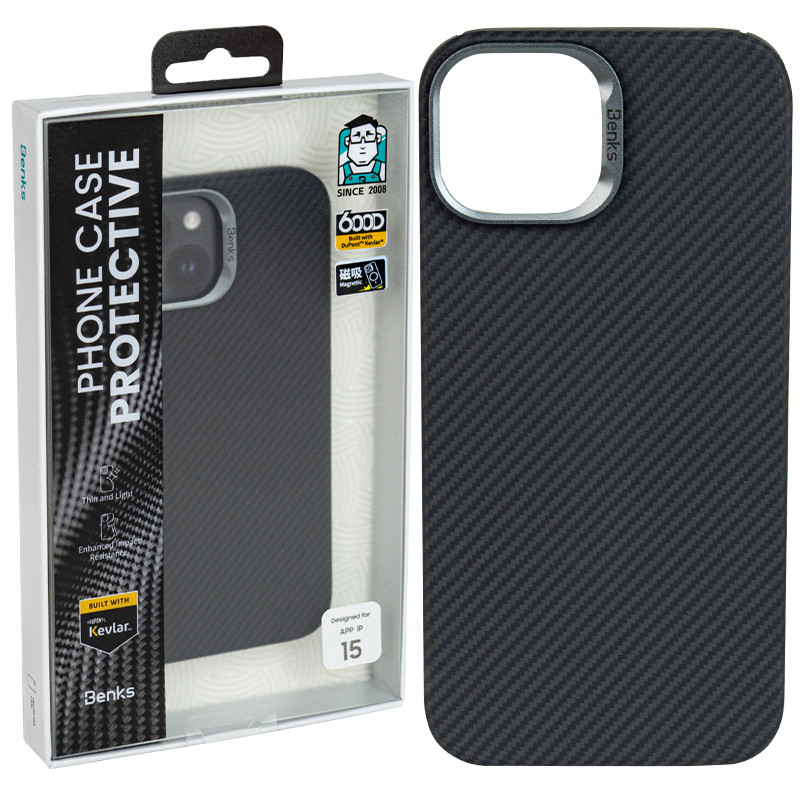 Чехол для Apple iPhone 15 (6.1*) back cover Benks, Protective Case, Kevlar, 600D, Carbone/Black - фото 1 - id-p115053490