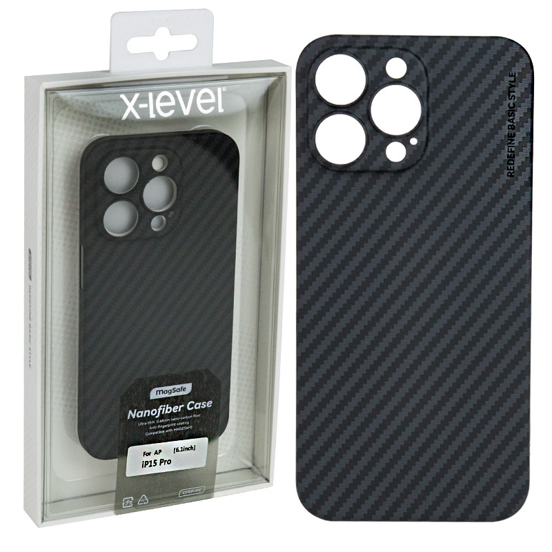 Чехол для Apple iPhone 15 Pro (6.1") back cover X-level, Nanofiber Case, MagSafe, Carbon, Back - фото 1 - id-p115053531