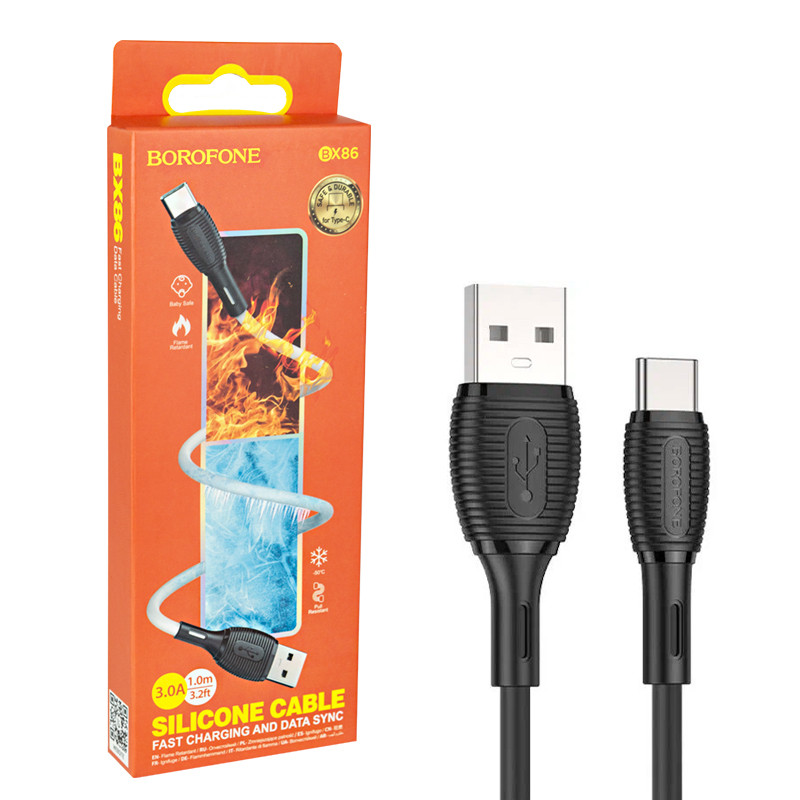 Кабель USB to Type-C Borofone BX86, 1m, 3.0 A, Black - фото 1 - id-p115021540