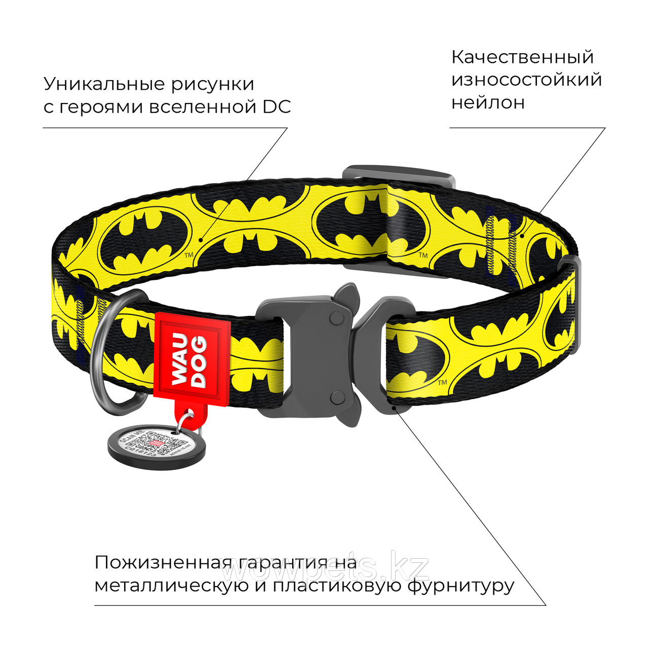 Ошейник WAUDOG Nylon, металлическая пряжка-фастекс, рисунок "Бэтмен лого" M (Ш 20 мм Д 24-40 см) - фото 3 - id-p115247441