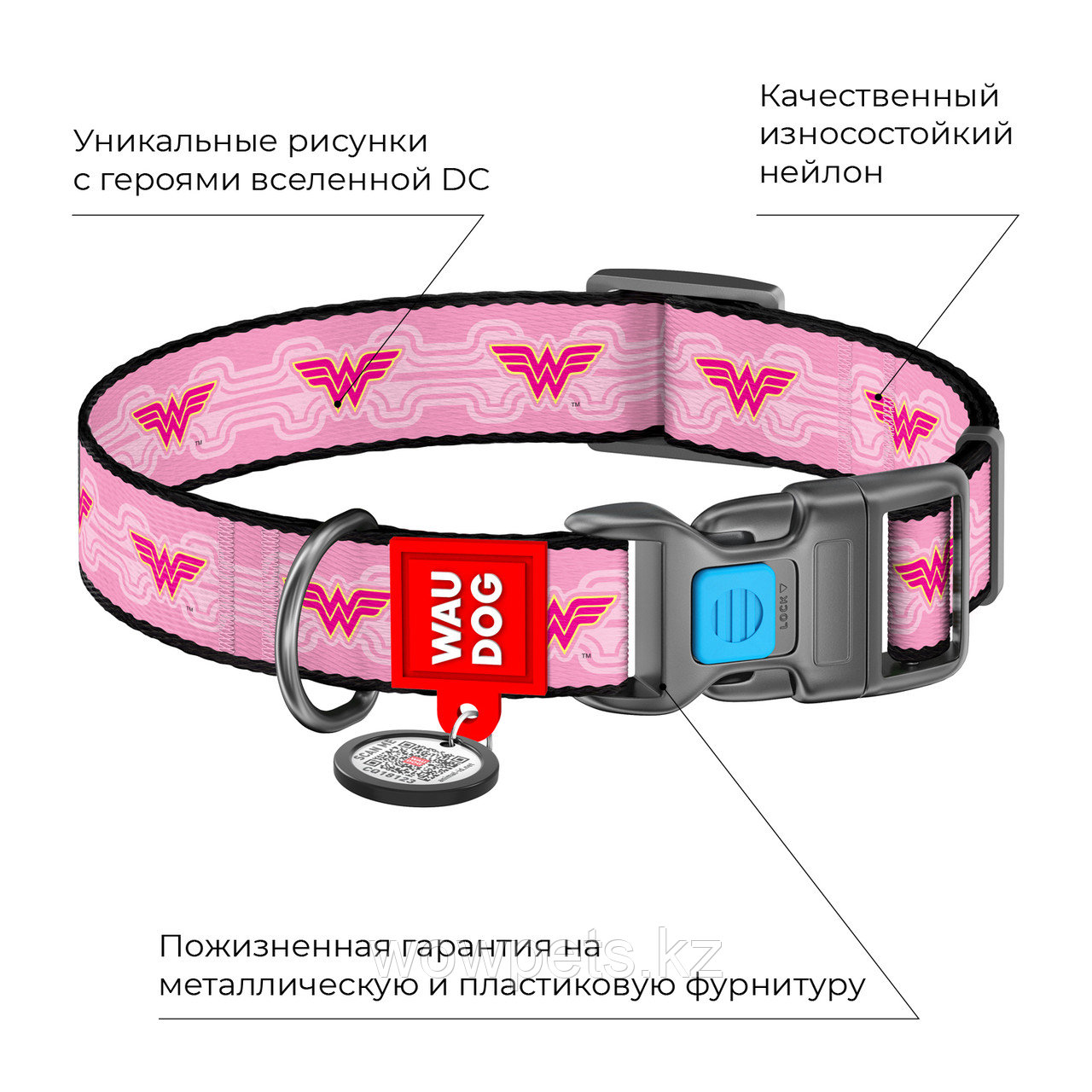 Ошейник WAUDOG Nylon, пластиковая пряжка-фастекс, рисунок "Чудо женщина 1" M (Ш 20 мм Д 24-40 см) - фото 3 - id-p115254379