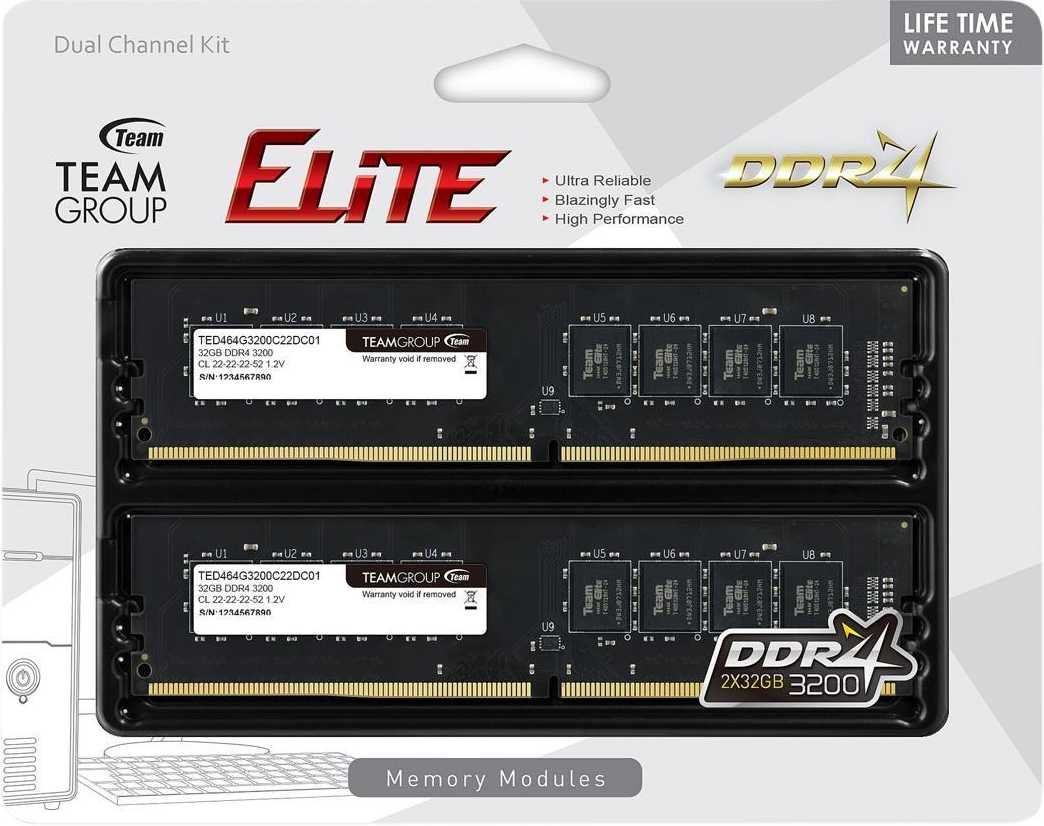 Оперативная память 64Gb Kit (2x32Gb) 3200MHz DDR4 Team Group ELITE CL22 TED464G3200C22DC01