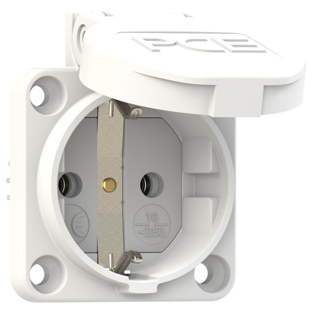 PCE Розетка встраиваемая 16А/250V/2P+E/IP54 50x50 подключение сзади белая