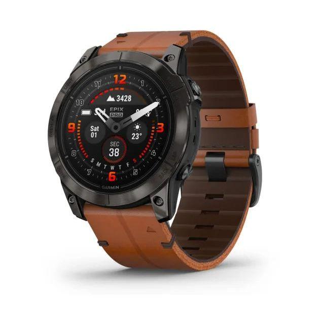 Garmin epix Pro (Gen 2) - Sapphire Edition Smartwatch - Carbon Grey DLC Titanium with Chestnut Leather Band - фото 1 - id-p115279070