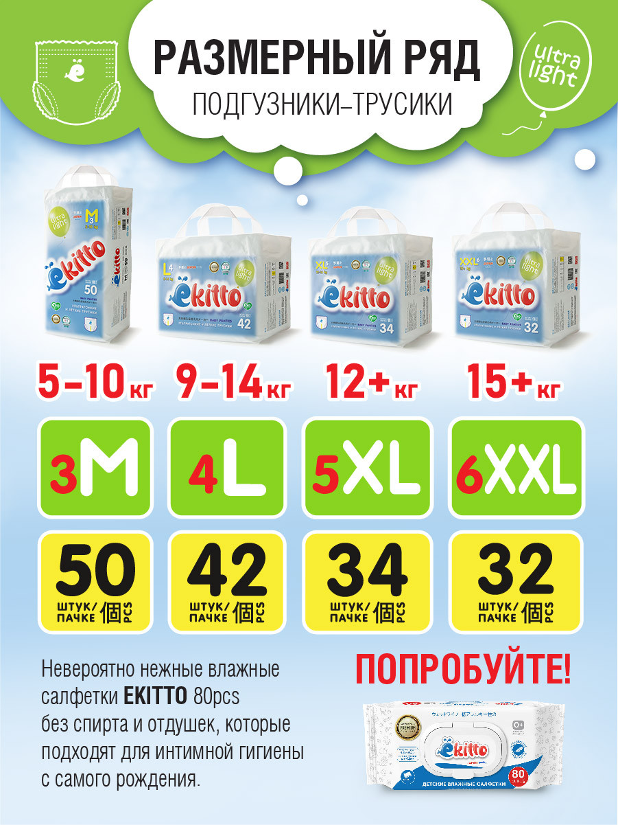 Подгузники-трусики EKITTO Ultra light XL34 12-16 кг - фото 7 - id-p113698440