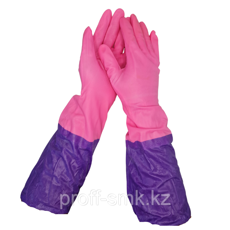 Перчатки резиновые розово-фиолетовые 45см с флисовой подкладкой и удлиненными рукавами, С06 - фото 1 - id-p115339928