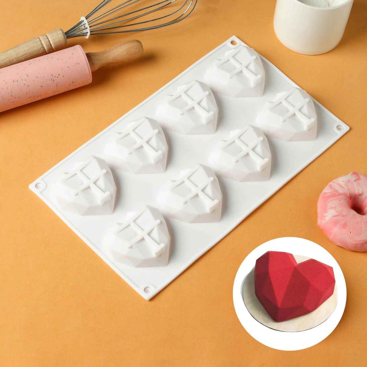 Форма силиконовая для выпечки и муссовых десертов «Сердце», 29×17×2 см, 8 ячеек, цвет белый - фото 1 - id-p115415289