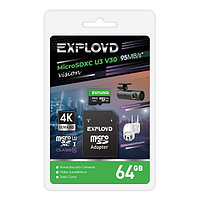 SD 95 MB/s адаптері бар Exployd 64GB MicroSDXC Class 10 (U3) V30 Vision жад картасы, дана