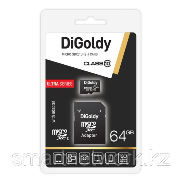 Карта памяти DiGoldy 64GB microSDXC Class10 UHS-1 с адаптером SD, шт - фото 1 - id-p115460098